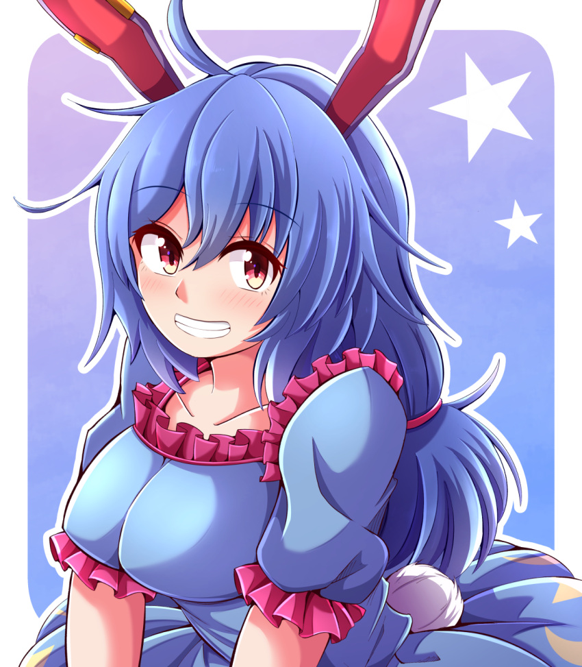 1girl animal_ears aospanking bangs blue_background blue_dress blue_hair blue_sleeves blush border breasts closed_mouth crescent dress eyebrows_visible_through_hair gradient gradient_background hair_between_eyes highres looking_at_viewer medium_breasts puffy_short_sleeves puffy_sleeves purple_background rabbit_ears rabbit_tail red_eyes seiran_(touhou) short_sleeves short_twintails smile solo star_(symbol) star_print tail teeth touhou twintails upper_body white_border