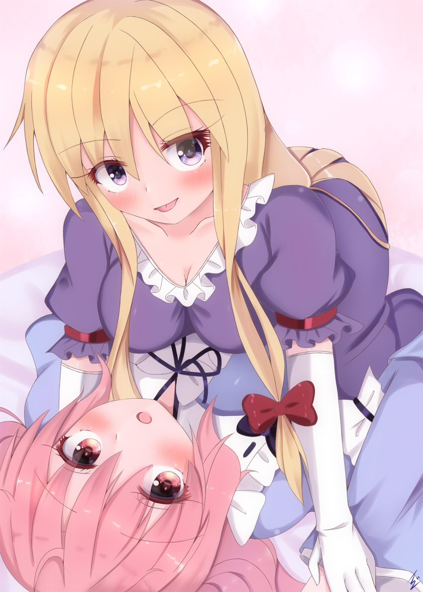 2girls bangs bed black_bow black_neckwear blonde_hair blue_dress blue_kimono blush bow bowtie breasts closed_mouth collar dress elbow_gloves eyebrows_visible_through_hair eyes_visible_through_hair gloves hair_between_eyes hair_bow highres ibuibuyou japanese_clothes kimono long_hair long_sleeves looking_at_viewer looking_up lying medium_breasts multiple_girls no_hat no_headwear open_mouth pink_background pink_eyes pink_hair puffy_short_sleeves puffy_sleeves purple_dress red_bow saigyouji_yuyuko short_hair short_sleeves simple_background smile tongue tongue_out touhou violet_eyes white_gloves wide_sleeves yakumo_yukari yuri