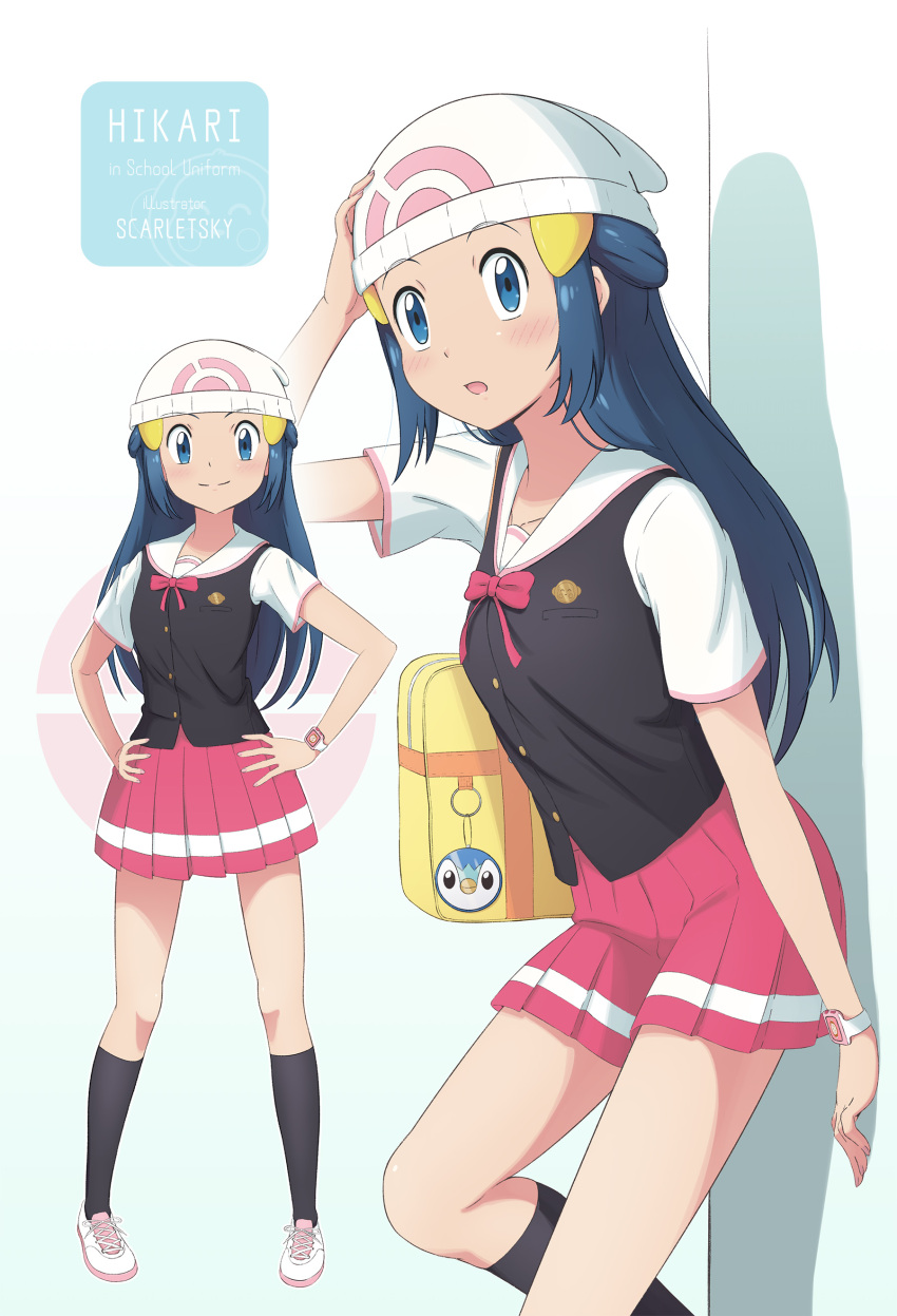 1girl absurdres alternate_costume beanie black_legwear black_vest blue_eyes blue_hair blush bow buttons closed_mouth collarbone commentary hikari_(pokemon) english_commentary gen_4_pokemon hair_ornament hairclip hand_on_own_head hands_on_hips hat highres kneehighs legs_apart long_hair multiple_views pink_bow pink_skirt piplup pleated_skirt pokemon pokemon_(anime) pokemon_dppt_(anime) scarletsky shirt shoes short_sleeves skirt smile split_mouth standing uniform vest white_footwear white_headwear white_shirt