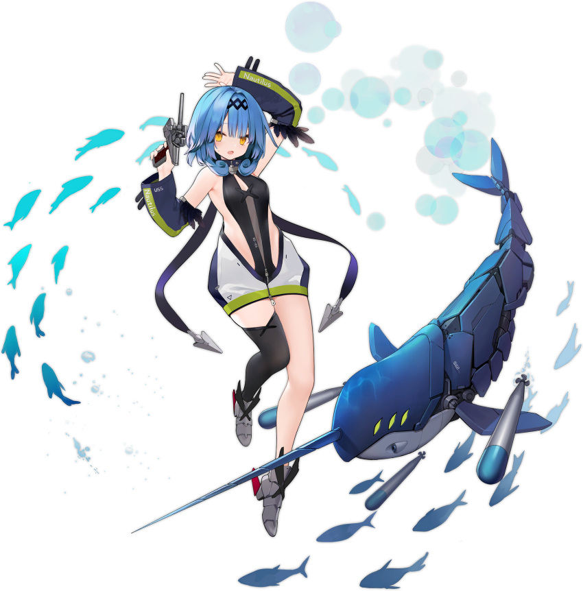 1girl arm_behind_head azur_lane black_legwear black_swimsuit blue_hair breasts detached_sleeves expressions gun highres holding holding_gun holding_weapon mechanical_animal medium_hair narwhal nautilus_(azur_lane) official_art one-piece_swimsuit rudder_footwear single_thighhigh skin_tight small_breasts solo suisai swimsuit thigh-highs transparent_background underwater weapon yellow_eyes