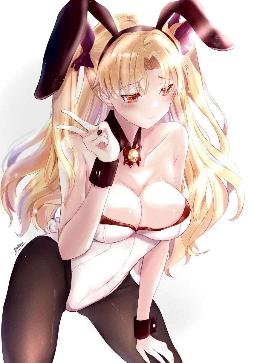 1girl absurdres animal_ears bangs blonde_hair blush breasts brown_legwear closed_mouth covered_navel detached_collar ereshkigal_(fate) fake_animal_ears fate/grand_order fate_(series) hair_ribbon highleg highleg_leotard highres large_breasts leotard light_rays long_hair looking_to_the_side pantyhose parted_bangs playboy_bunny rabbit_ears rabbit_tail red_eyes ribbon strapless strapless_leotard tail two_side_up v white_leotard wrist_cuffs yuki_haru