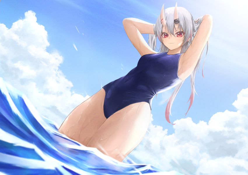 1girl alternate_costume armpits arms_up blue_sky blue_swimsuit breasts closed_mouth clouds cloudy_sky commentary cowboy_shot day dutch_angle eyebrows_visible_through_hair hair_between_eyes hands_in_hair highres hololive horns long_hair looking_at_viewer medium_breasts multicolored_hair nakiri_ayame ocean one-piece_swimsuit oni_horns outdoors red_eyes redhead school_swimsuit silver_hair sky smile solo streaked_hair sunlight swimsuit thighs toi1et_paper two-tone_hair virtual_youtuber wading wet