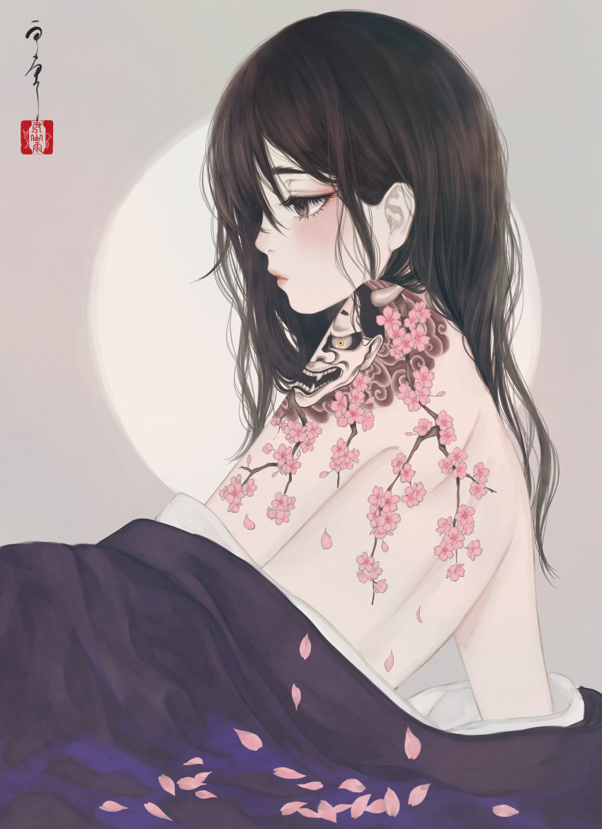1girl absurdres arm_support back bangs bare_back bare_shoulders brown_eyes brown_hair cherry_blossoms clothes_down commentary_request flower flower_tattoo grey_background half-closed_eyes hannya highres japanese_clothes kimono light_blush long_hair looking_away lying original parted_lips partially_undressed petals pink_flower profile purple_kimono seal_impression signature solo tattoo upper_body ushiyama_ame