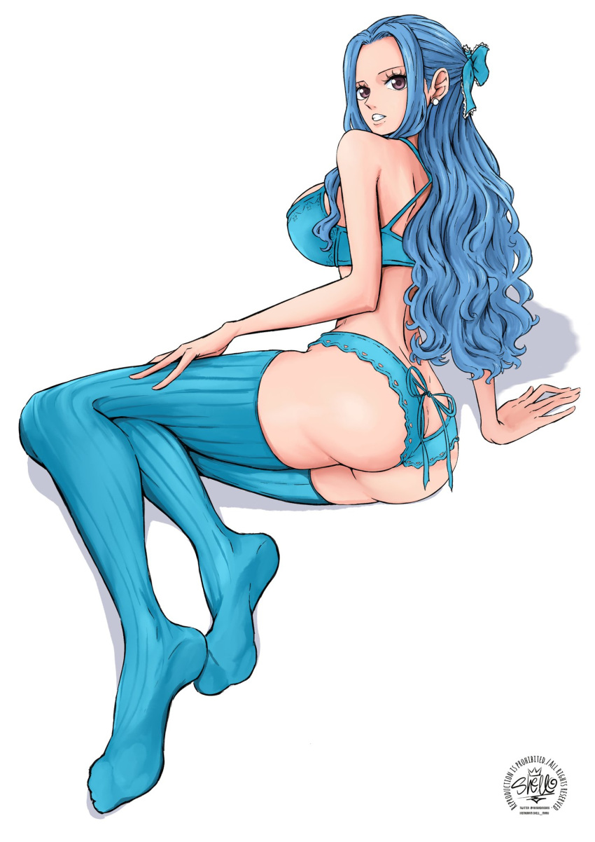 1girl alternate_costume aqua_bow aqua_legwear arm_support artist_name ass blue_bra blue_hair blue_panties bow bra breasts commission earrings english_commentary eyelashes forehead frilled_bow frills from_side full_body hair_bow hand_on_thigh highres jewelry large_breasts leaning_to_the_side legs lingerie long_hair long_legs looking_at_viewer nefertari_vivi no_shoes one_piece panties shadow sherumaru_(korcht06) shiny shiny_skin sidelocks signature simple_background solo teeth thigh-highs thighs underwear violet_eyes white_background