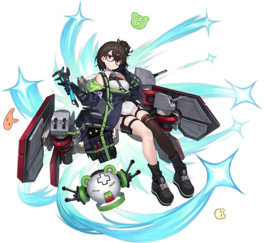 1girl asymmetrical_legwear azur_lane bare_shoulders breasts brown_hair coat glasses hair_ornament hairclip highres ingraham_(azur_lane) looking_at_viewer medium_breasts messy_hair nagu off_shoulder official_art open_clothes open_coat red_eyes solo transparent_background wrench