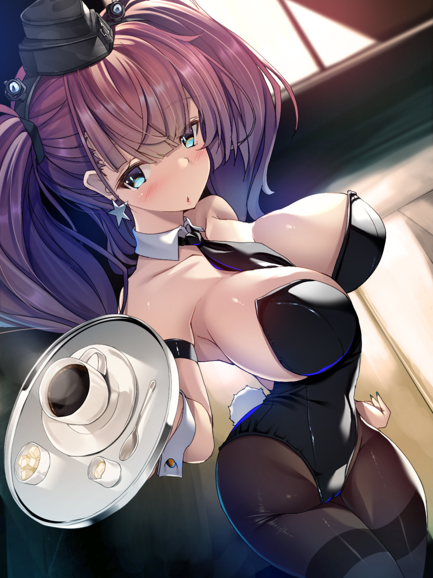 1girl arm_garter atlanta_(kancolle) blue_eyes blue_nails breasts brown_hair coffee cup earrings fingernails garrison_cap hat highres jewelry kantai_collection large_breasts long_fingernails necktie open_mouth pantyhose playboy_bunny rabbit_tail single_earring star_(symbol) star_earrings tail teacup thighband_pantyhose torisan tray twintails waitress wrist_cuffs
