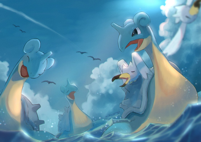 :d afloat bird black_eyes blurry closed_eyes clouds commentary day gen_1_pokemon gen_3_pokemon kikuyoshi_(tracco) lapras no_humans open_mouth outdoors pokemon pokemon_(creature) signature sky smile tongue water wingull