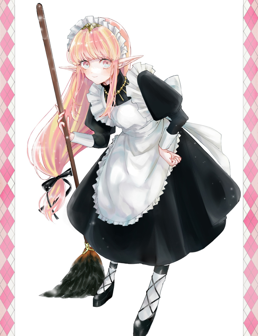 1girl absurdres alternate_costume apron aqua_eyes asa_(1asa-0-asa1) bangs black_dress breasts broom circe_(fate) dress enmaided fate/grand_order fate_(series) frilled_apron frills highres jewelry juliet_sleeves long_hair long_sleeves looking_at_viewer maid maid_headdress necklace pink_hair pointy_ears puffy_sleeves sidelocks small_breasts smile white_apron