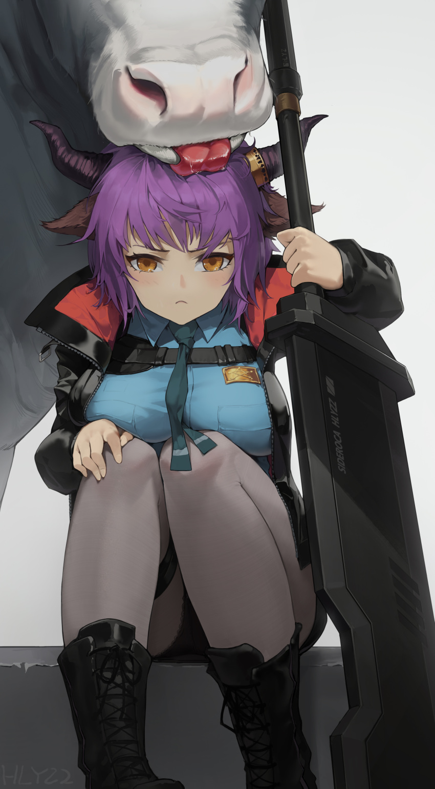 1girl absurdres animal animal_ears arknights artist_name bangs black_footwear black_jacket blue_neckwear blue_shirt boots breast_press breasts brown_eyes collared_shirt commentary cow cow_ears cow_girl cow_horns feet_out_of_frame frown grey_legwear hand_on_own_knee highres hlyzz holding holding_sword holding_weapon horns jacket large_breasts long_sleeves looking_at_viewer necktie open_clothes open_jacket pantyhose purple_hair shirt short_hair sideroca_(arknights) simple_background sitting solo sword thigh_strap weapon white_background