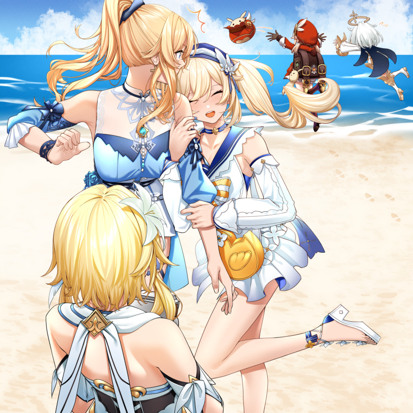 5girls bag barbara_(summertime_sparkle)_(genshin_impact) bare_shoulders beach bird blonde_hair blouse blue_sky cabbie_hat choker closed_eyes day detached_sleeves dress duck feet genshin_impact halo hat high_heels highres holding_another's_arm jean_(genshin_impact) jean_(sea_breeze_dandelion)_(genshin_impact) klee_(genshin_impact) long_sleeves lumine_(genshin_impact) multiple_girls ocean open_mouth outdoors paimon_(genshin_impact) ponytail siblings sisters sky sleeveless soruna_(nell) swimsuit twintails white_hair