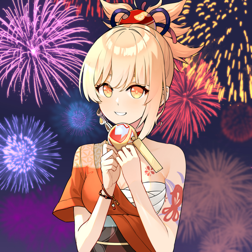 1girl :d absurdres bangs blurry choker collarbone commentary_request depth_of_field eyebrows_visible_through_hair fireworks genshin_impact grin hair_between_eyes hair_ornament highres holding_hair_ornament japanese_clothes long_hair looking_at_viewer night night_sky obi open_mouth orange_eyes orange_hair ponytail sarashi sash sidelocks sky skying smile solo tattoo wide_sleeves yoimiya_(genshin_impact)