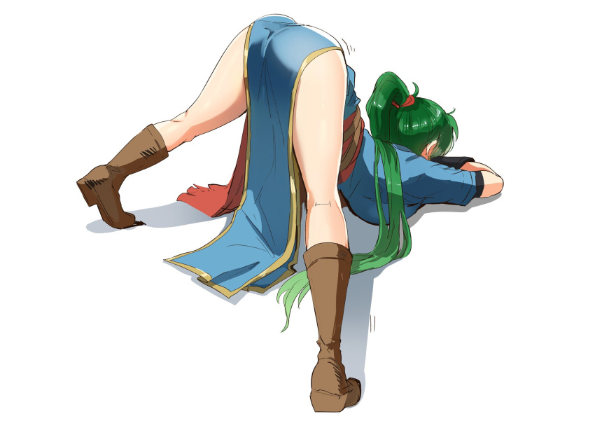 1girl ass black_gloves boots breasts dress earrings fingerless_gloves fire_emblem fire_emblem:_the_blazing_blade gloves green_hair guilty_gear high_ponytail highres jack-o'_challenge jewelry knee_boots large_breasts legs long_hair lyn_(fire_emblem) meme ormille ponytail simple_background solo spread_legs top-down_bottom-up twitter