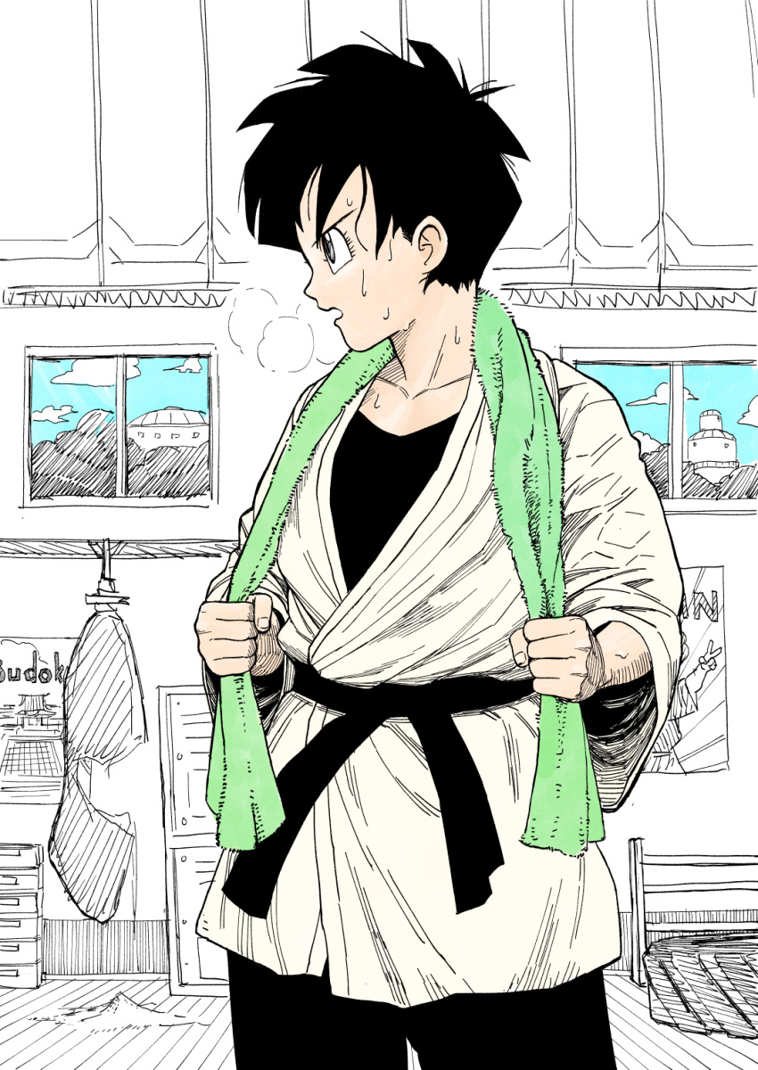 1girl black_bodysuit black_hair black_sash bodysuit commentary dragon_ball dragon_ball_z english_commentary highres jacket open_mouth partially_colored profile sash short_hair solo standing sweat towel towel_around_neck videl y_naf