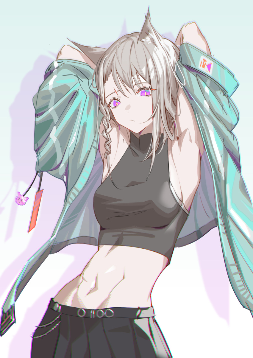 1girl abs absurdres animal_ears armpits arms_up black_shirt blue_jacket braid breasts cat_ears chromatic_aberration closed_mouth cowboy_shot crop_top expressionless grey_hair highres jacket krin long_hair medium_breasts midriff navel open_clothes open_jacket original pink_eyes scar_through_eyebrow shirt side_braid sleeveless sleeveless_shirt sleeves_rolled_up solo yellow_pupils