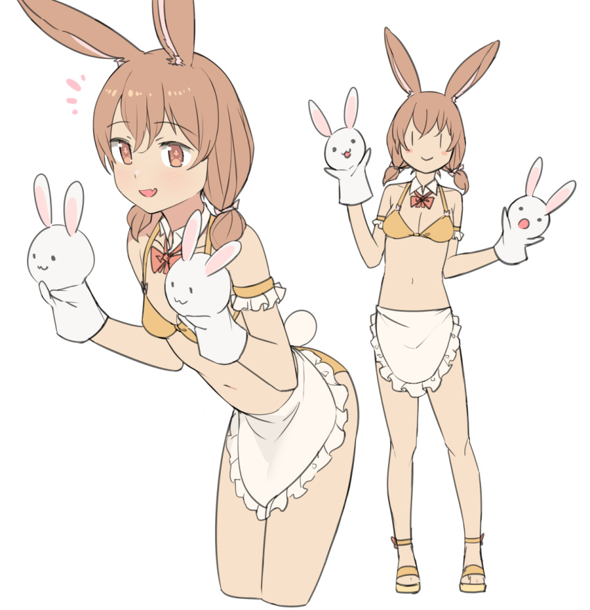1girl :d =) animal_ears apron bare_shoulders bikini breasts brown_eyes brown_hair cropped_legs eyebrows_visible_through_hair fang frilled_apron frills hand_puppet highres looking_at_viewer low_twintails medium_hair multiple_views navel open_mouth orange_bikini original puppet rabbit_ears rabbit_girl saiste short_twintails simple_background skin_fang small_breasts smile swimsuit twintails waist_apron white_apron white_background |_|
