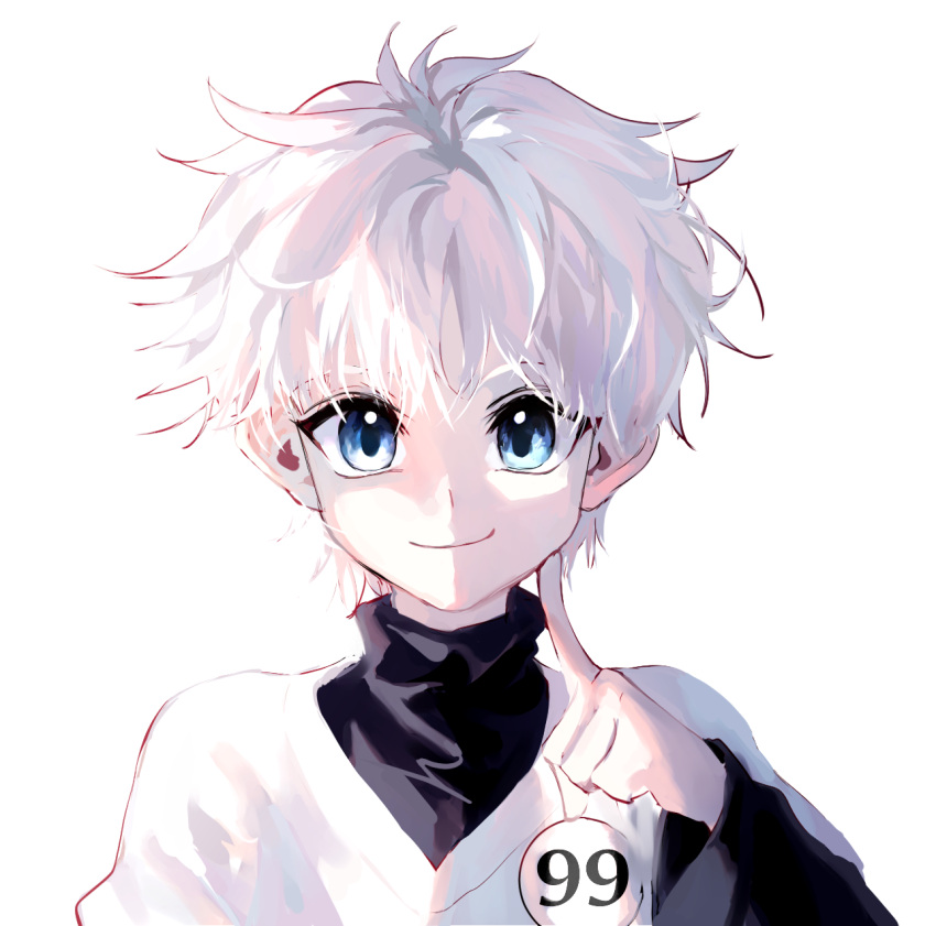 1boy badge bangs black_shirt blue_eyes button_badge closed_mouth commentary_request hand_up happy highres hunter_x_hunter index_finger_raised killua_zoldyck korean_commentary long_sleeves looking_at_viewer male_focus messy_hair number portrait seol_q shirt short_hair simple_background smile solo spiky_hair turtleneck undershirt white_background white_hair white_shirt