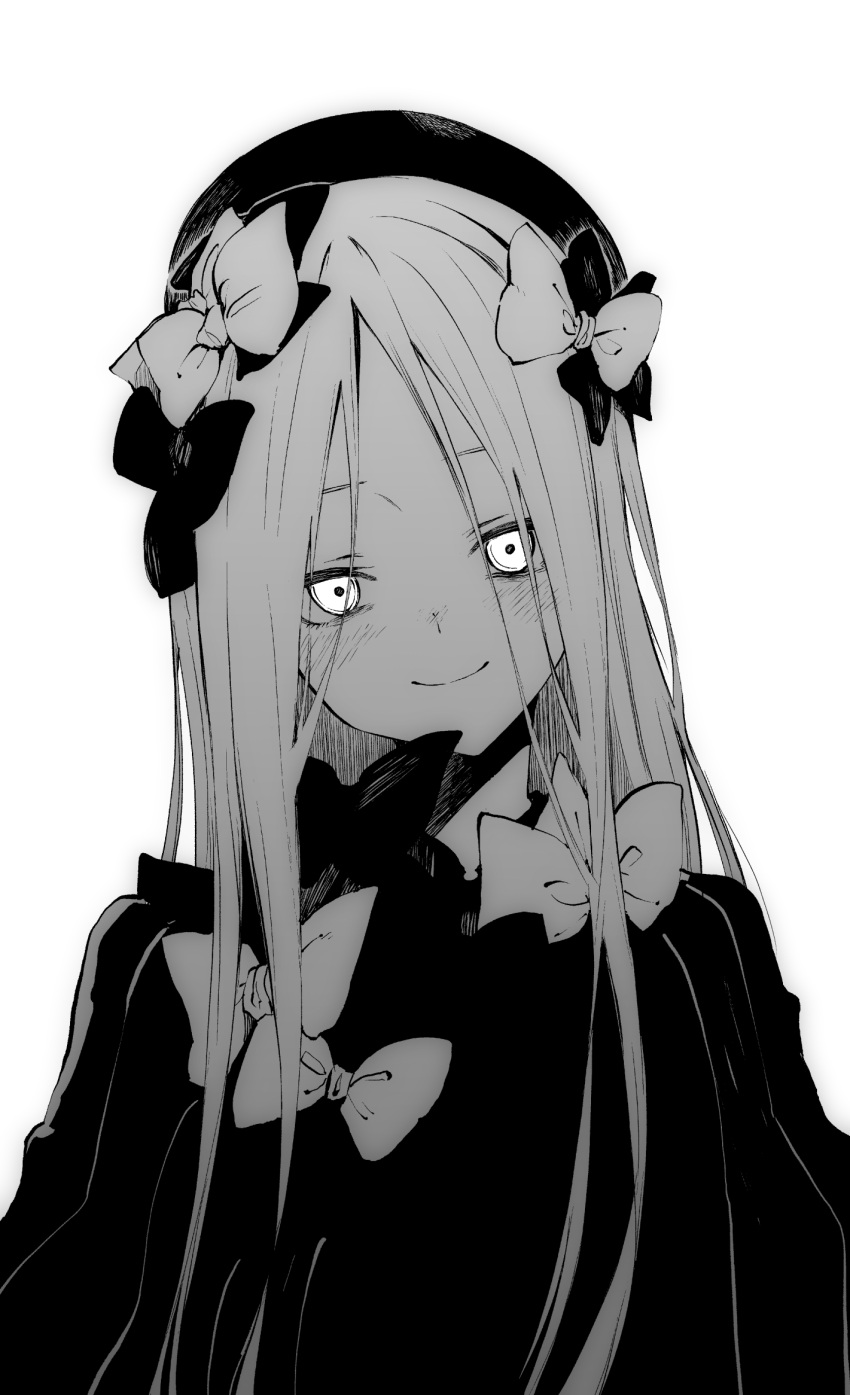 1girl abigail_williams_(fate) bangs black_dress black_headwear bow dress fate/grand_order fate_(series) hair_bow hat highres long_hair looking_at_viewer monochrome multiple_hair_bows parted_bangs simple_background smile solo tsukamoto_minori upper_body