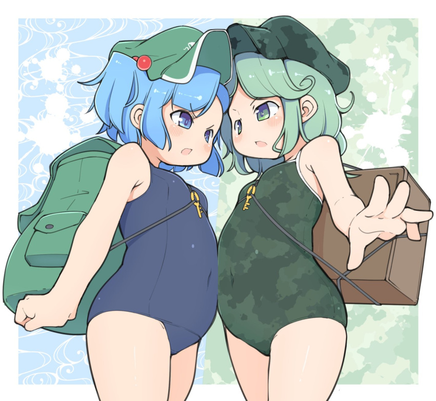 2girls adapted_costume angry backpack bag bare_shoulders blue_eyes blue_hair blush border breasts camouflage commentary_request covered_navel cowboy_shot eye_contact face-to-face foreshortening green_eyes green_hair green_headwear hair_bobbles hair_ornament hat highres kawashiro_nitori looking_at_another multiple_girls one-piece_swimsuit open_mouth outside_border short_hair small_breasts swimsuit touhou turnip_kabura two_side_up v-shaped_eyebrows white_border yamashiro_takane