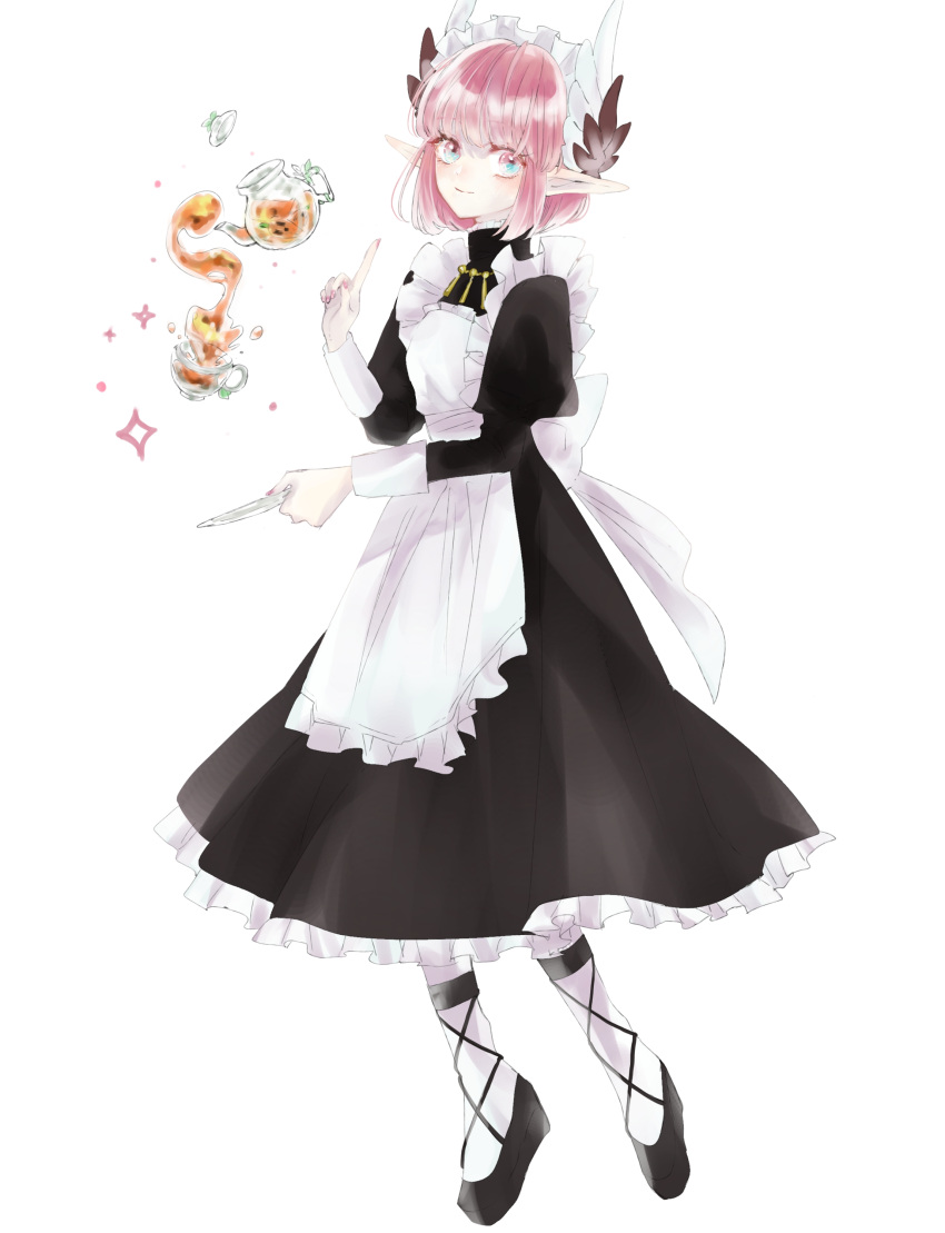 1girl absurdres alternate_costume apron aqua_eyes asa_(1asa-0-asa1) bangs black_dress breasts circe_(fate) cup dress enmaided fate/grand_order fate_(series) frilled_apron frills highres jewelry juliet_sleeves long_sleeves looking_at_viewer maid maid_headdress necklace pink_hair pointy_ears pouring puffy_sleeves saucer short_hair sidelocks small_breasts smile tea teacup teapot white_apron