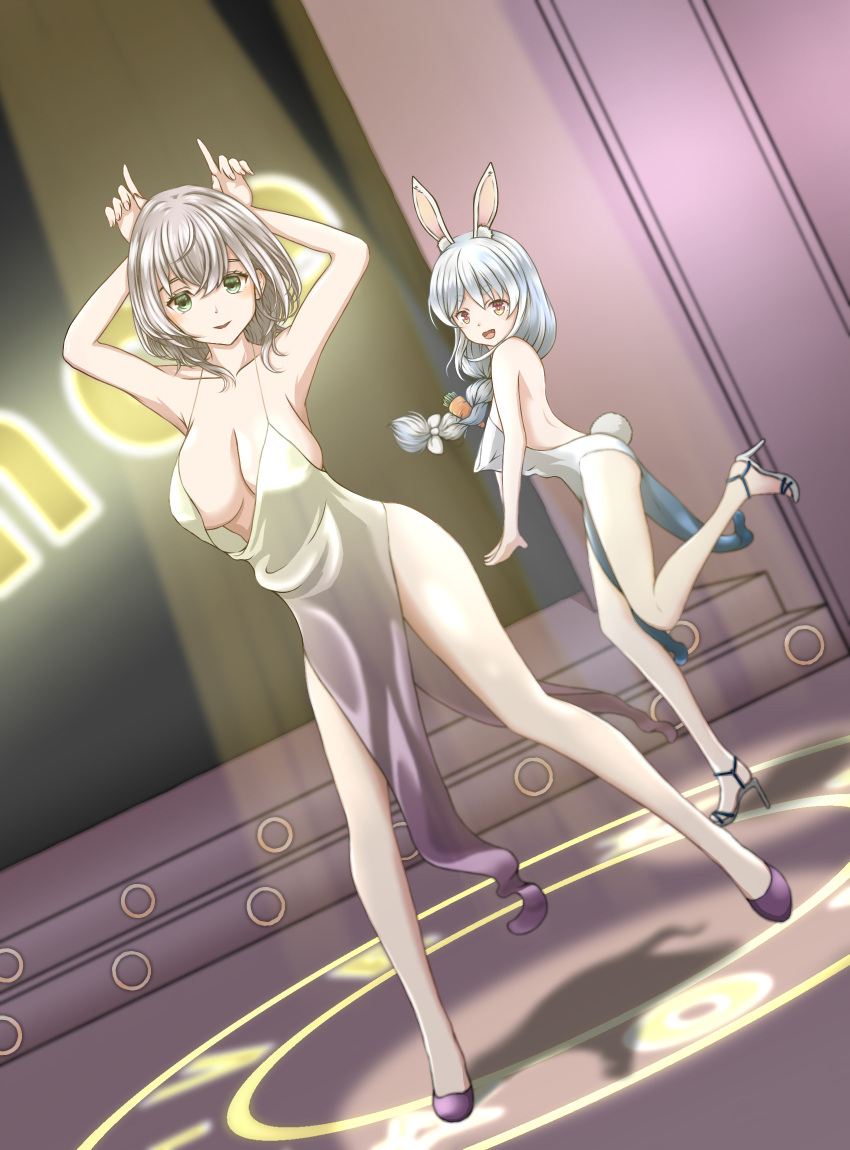 2girls :d animal_ears armpits arms_up blue_dress blue_hair bow breasts carrot_hair_ornament commentary dancing downblouse dress english_commentary finger_horns food-themed_hair_ornament foot_up gradient_dress green_eyes hair_bow hair_ornament halterneck high_heels highres hololive legs_apart low_neckline mukuro_viru77 multicolored_hair multiple_girls open_mouth orange_eyes purple_dress purple_footwear rabbit_ears rabbit_tail shirogane_noel silver_hair smile spotlight stage tail two-tone_hair under_boob usada_pekora white_bow white_dress white_footwear white_hair