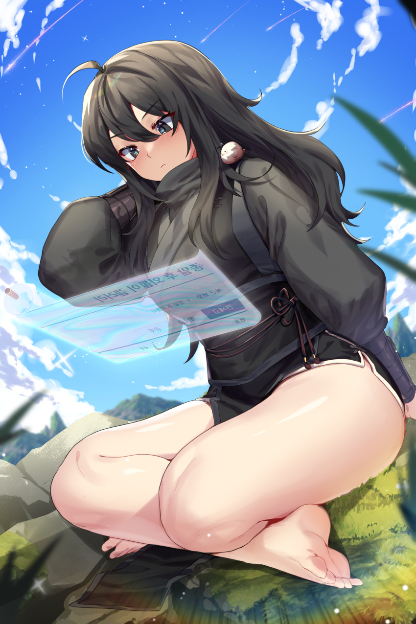1girl animal_on_shoulder arm_behind_head bangs bare_legs barefoot bird bird_on_shoulder black_eyes black_hair black_kimono blue_sky blush breasts closed_mouth clouds commentary crossed_legs day eyebrows_visible_through_hair full_body grass hair_between_eyes hand_up highres holographic_interface japanese_clothes kimono korean_text long_hair long_sleeves mendou_kusai obi original outdoors rock sash short_kimono sitting sky solo translation_request