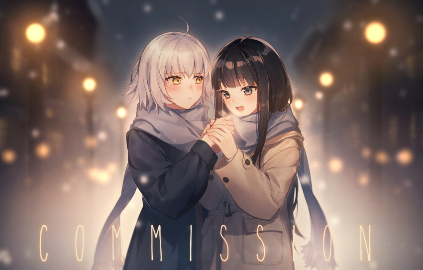 2girls aluce black_hair blue_eyes blurry blurry_background blush character_request closed_mouth coat cold fate/grand_order fate_(series) frown glowing happy holding_hands house jacket jeanne_d'arc_(alter)_(fate) jeanne_d'arc_(fate)_(all) lamp light long_hair looking_at_another looking_down multiple_girls open_mouth scarf shared_scarf shiny shiny_hair short_hair smile standing white_hair winter winter_clothes yellow_eyes