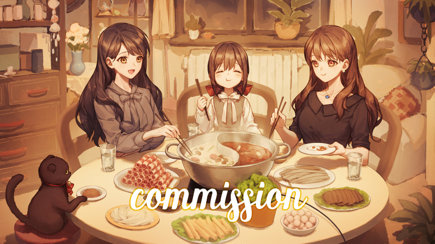 3girls aluce black_hair blush book brown_eyes brown_hair cat chair chopsticks closed_eyes closed_mouth closet earrings eating food happy highres holding holding_plate jewelry lamp long_hair looking_down meat multiple_girls necklace noodles open_mouth original pillow plant plate shiny shiny_hair sitting sleeves_rolled_up smile soup table tied_hair vegetable water watermark window yellow_eyes