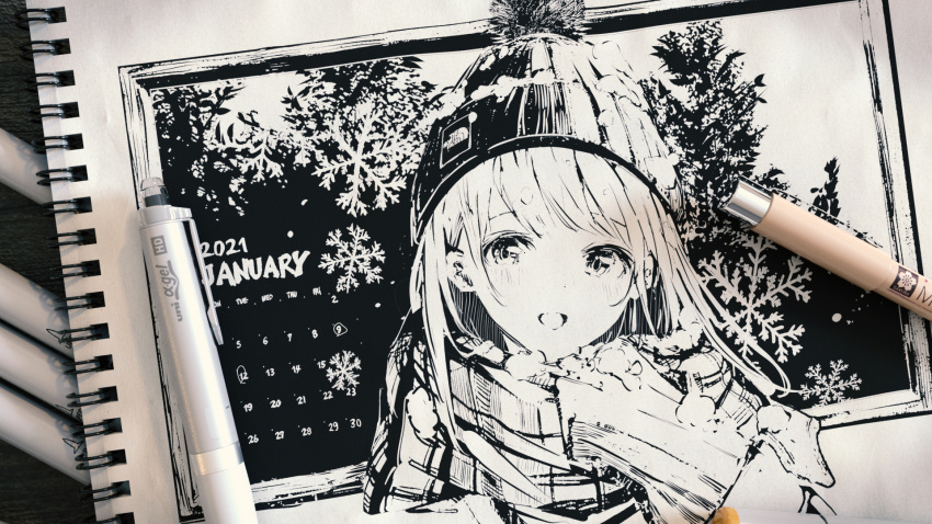 1girl 3d beanie blush breath calendar_(medium) commentary_request faux_traditional_media greyscale hand_up hanecha1220 hat hatching_(texture) high_contrast highres january looking_at_viewer mittens monochrome multiple_sources open_mouth original outdoors pen scarf sketch smile snowflakes solo tree upper_body wind