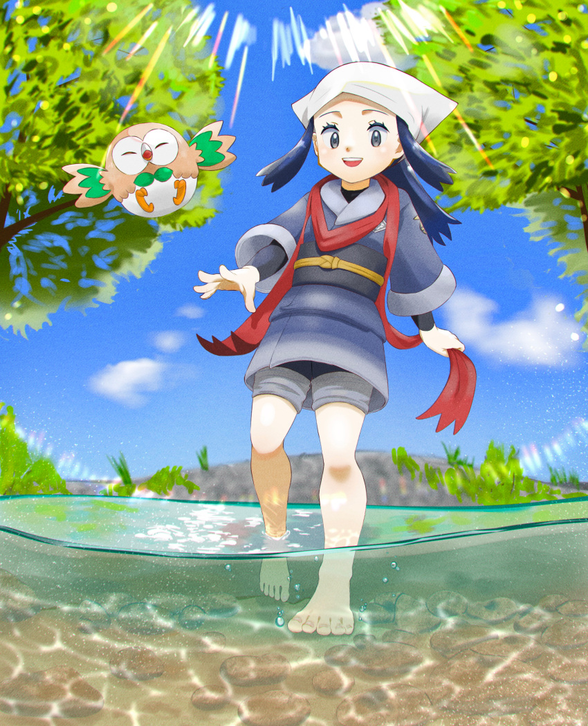 1girl absurdres aburi_gure air_bubble akari_(pokemon) barefoot black_hair blurry bubble clouds commentary day eyelashes from_below gen_7_pokemon grey_eyes head_scarf highres huge_filesize long_hair open_mouth outdoors partially_underwater_shot pokemon pokemon_(creature) pokemon_(game) pokemon_legends:_arceus red_scarf rock rowlet sash scarf shorts sidelocks sky smile standing toes tree upper_teeth wading water white_headwear