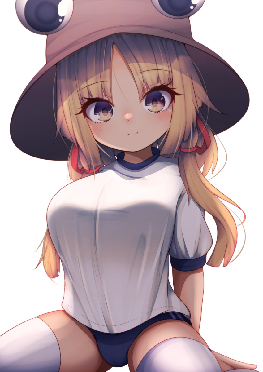 1girl bangs blonde_hair breasts buruma darumoon frog gym_uniform highres medium_hair moriya_suwako oppai_loli parted_bangs solo thigh-highs thighs touhou white_legwear yellow_eyes