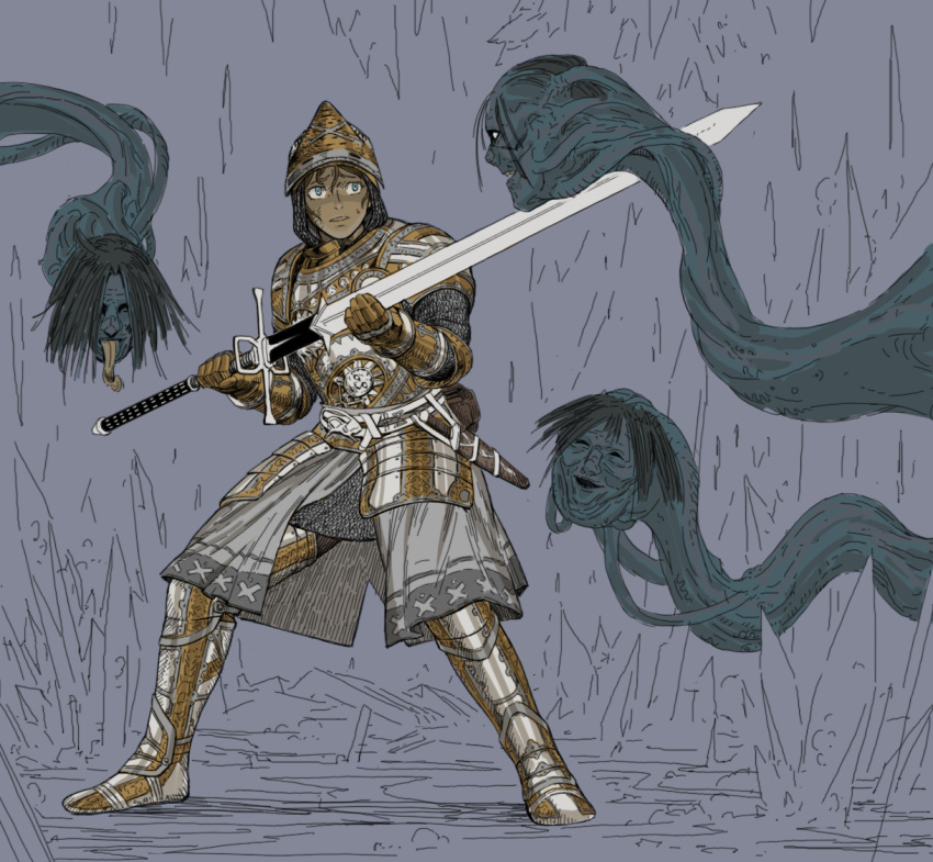 1boy armor blue_eyes brown_hair commentary english_commentary full_armor gauntlets holding holding_sword holding_weapon knight legs_apart long_sword mail_armor metal_boots monster original parted_lips pauldrons shaded_face shoulder_armor standing sword two-handed weapon wide-eyed y_naf
