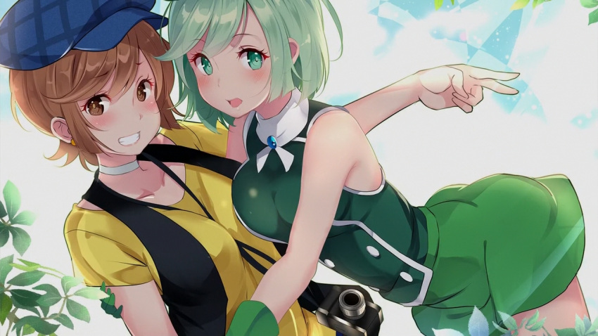 2girls bangs between_breasts blouse blush breasts brooch brown_eyes camera choker collarbone cutie_honey_universe dual_persona earrings eyelashes flash_honey gloves green_blouse green_eyes green_gloves green_hair green_skirt grin hat hug idol_honey jewelry kujou_ichiso leaf looking_at_viewer multiple_girls official_art open_mouth outdoors parted_bangs raised_eyebrows shirt short_hair short_sleeves sidelocks skirt sleeveless_blouse smile strap_between_breasts sunlight v yellow_shirt