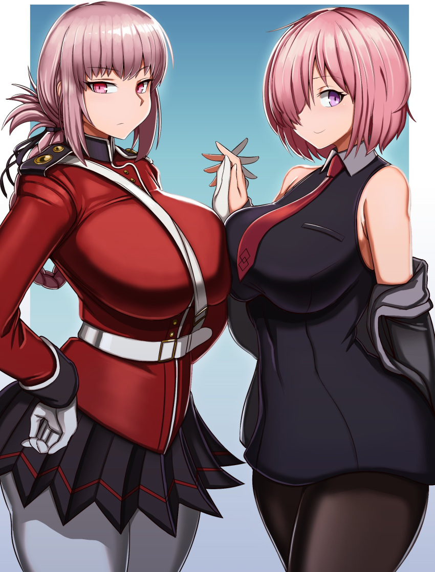 2girls belt black_legwear breast_press breasts commission dress expressionless fate/grand_order fate_(series) florence_nightingale_(fate) folded_ponytail gloves hair_over_one_eye hand_on_hip hands_clasped highres huge_breasts jacket_pull large_breasts long_hair mash_kyrielight military military_uniform miniskirt multiple_girls own_hands_together pantyhose pink_eyes pink_hair pleated_skirt short_dress short_hair skirt sleeveless sleeveless_dress smile standby symmetrical_docking uniform violet_eyes white_belt white_gloves white_legwear
