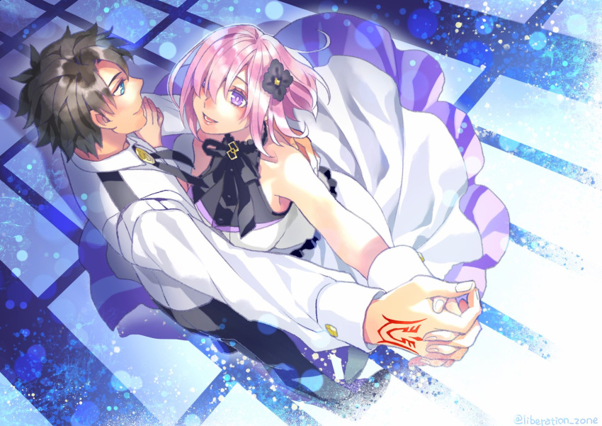 1boy 1girl alternate_costume bare_shoulders black_flower black_hair black_neckwear black_pants blue_eyes closed_mouth command_spell commentary_request dancing dress fate/grand_order fate_(series) fingernails flower formal fujimaru_ritsuka_(male) hair_flower hair_ornament hand_on_another's_back highres holding_hands hug indoors light_particles light_purple_hair lips long_sleeves looking_at_another mash_kyrielight minami_seira official_alternate_costume pants pink_lips short_hair sleeveless sleeveless_dress smile suit under_the_same_sky vest violet_eyes waltz_(dance) white_dress white_suit white_vest wrist_cuffs