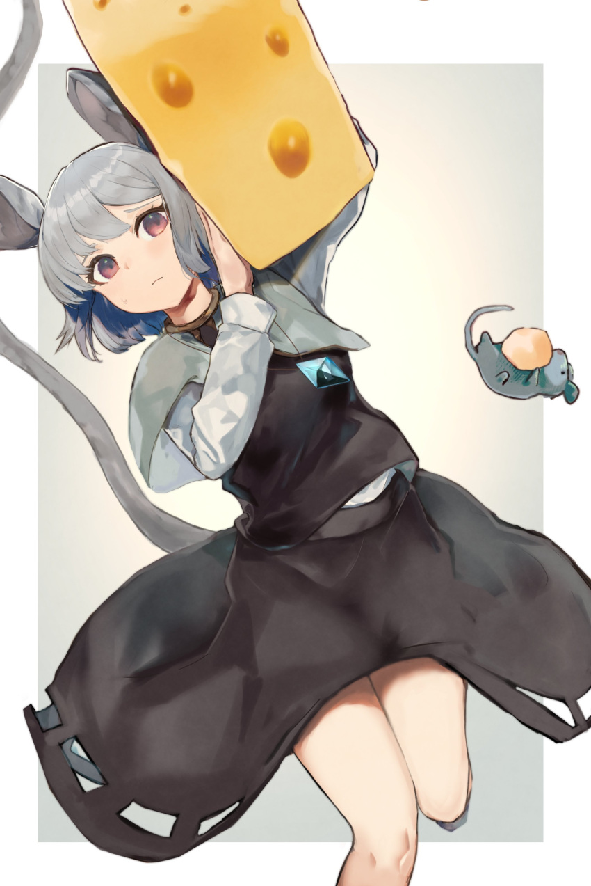 1girl absurdres animal animal_ears black_skirt black_vest blush capelet cheese closed_mouth food grey_capelet grey_hair highres holding holding_food kurowa_(curowa) long_sleeves mouse mouse_ears mouse_tail nazrin red_eyes shirt short_hair skirt skirt_set solo tail touhou vest white_shirt
