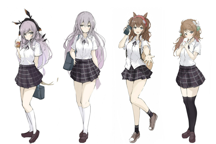 4girls ahoge alternate_costume alternate_eye_color angelina_(arknights) animal_ears arknights backpack bag black_bag black_eyes black_legwear black_ribbon black_skirt blush breasts brown_bag brown_footwear brown_hair buttons commentary drink envelope eyjafjalla_(arknights) fox_ears full_body grey_hair hair_between_eyes hairband headgear highres holding holding_bag holding_drink holding_envelope holding_phone horns kusunoki_(gwzx5574) long_hair looking_at_viewer love_letter medium_breasts multiple_girls open_mouth phone plaid plaid_skirt pleated_skirt red_hairband ribbon school_uniform sheep_ears sheep_girl sheep_horns shirt simple_background skadi_(arknights) skirt socks standing standing_on_one_leg tachi-e tail thigh-highs weedy_(arknights) white_background white_legwear white_shirt