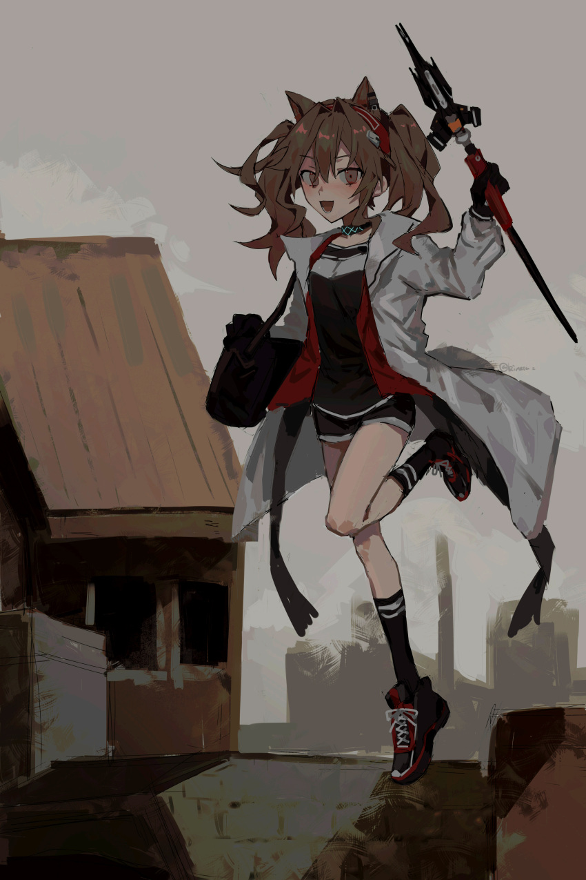 1girl absurdres angelina_(arknights) animal_ears arknights bag bangs black_footwear black_gloves black_legwear black_shirt black_shorts brown_eyes brown_hair building chinese_commentary clouds coat commentary_request floating fox_ears full_body gloves grey_sky hairband highres holding holding_staff infection_monitor_(arknights) kineta long_hair long_sleeves looking_at_viewer midair open_clothes open_coat open_mouth outdoors red_hairband shirt shoes short_shorts shorts shoulder_bag smile sneakers socks solo staff twintails white_coat