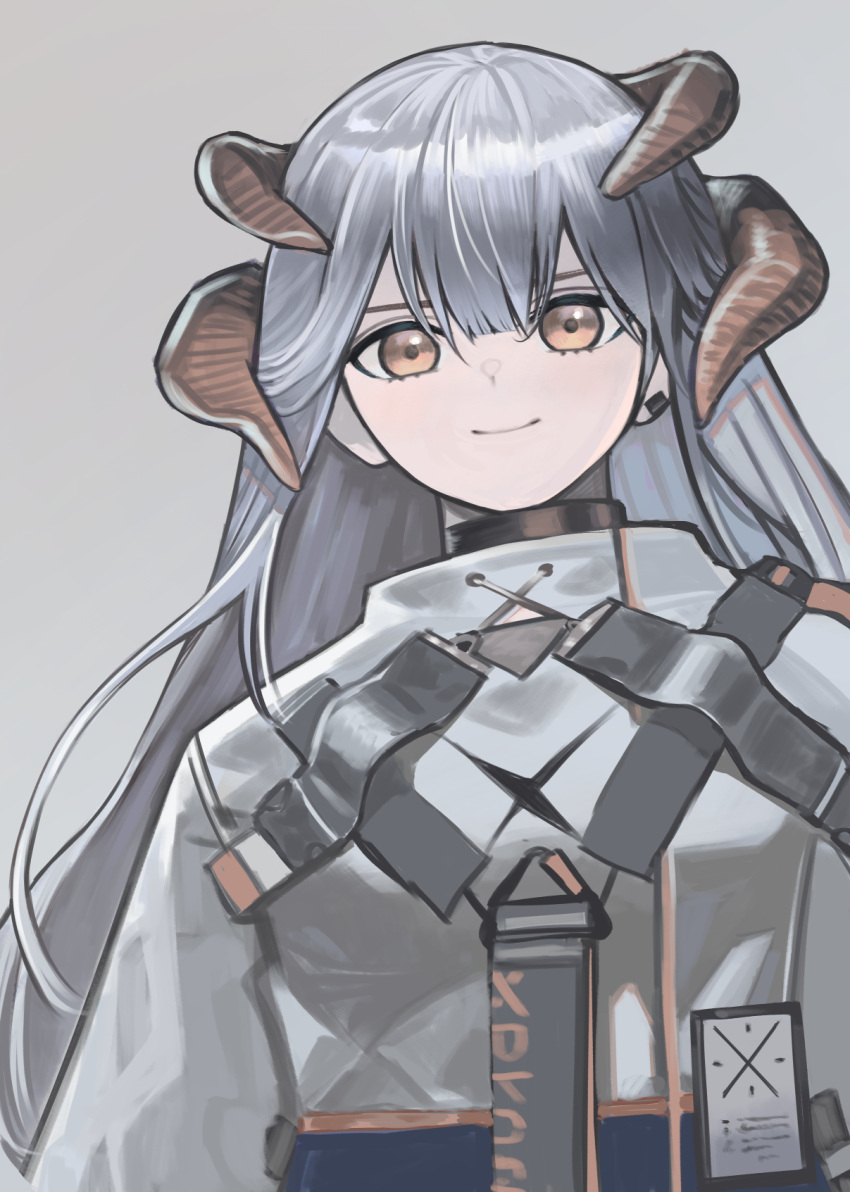 1girl arknights black_choker chest_strap choker closed_mouth commentary_request dragon_horns ear_clip grey_background highres horns id_card long_hair looking_at_viewer orange_eyes saria_(arknights) shirt silver_hair simple_background smile solo upper_body wanko_(realsight) white_shirt