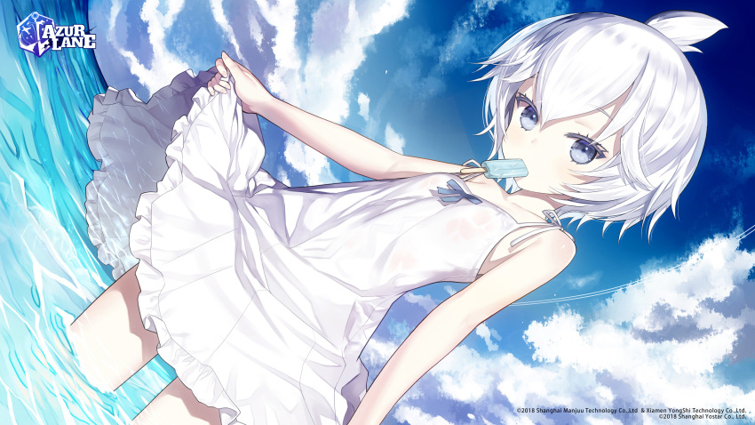 1girl ahoge azur_lane bangs blue_sky capriccio clothes_lift clouds cloudy_sky collarbone commentary_request copyright_name dress dress_lift eyebrows_visible_through_hair food grey_eyes hair_between_eyes highres horizon in_water lifted_by_self logo looking_at_viewer mouth_hold ocean popsicle popsicle_stick short_hair sidelocks sky solo u-110_(azur_lane) white_dress white_hair