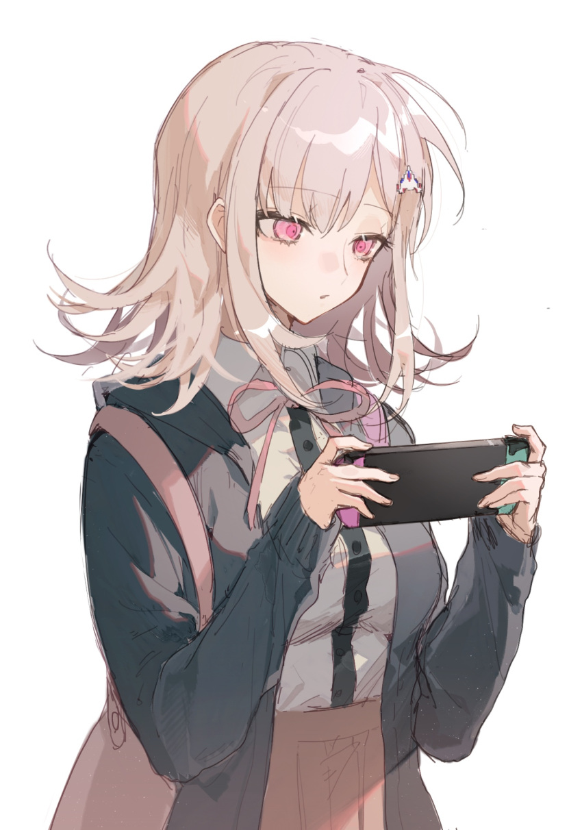 1girl backpack bag bangs black_jacket black_shirt breasts brown_skirt collared_shirt commentary_request dangan_ronpa_(series) dangan_ronpa_2:_goodbye_despair dress_shirt eyebrows_visible_through_hair flipped_hair galaga hair_ornament handheld_game_console highres holding jacket large_breasts light_brown_hair long_sleeves medium_hair nanami_chiaki nintendo_switch open_clothes open_jacket pink_eyes raito47 shiny shiny_hair shirt shirt_tucked_in simple_background skirt solo upper_body white_background white_shirt