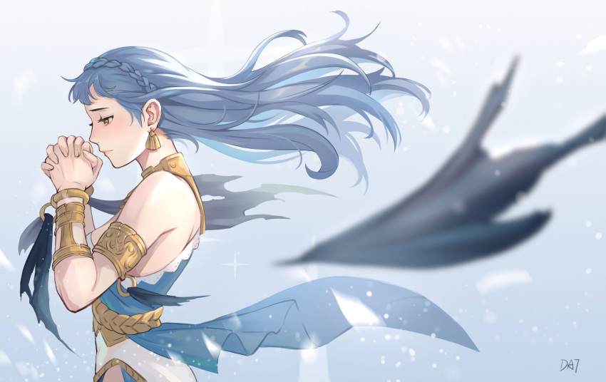 1girl absurdres armlet bare_shoulders blue_background blue_dress blue_hair bracelet braid brown_eyes commentary_request crown_braid da-cart dancer dancer_(three_houses) dress fire_emblem fire_emblem:_three_houses fire_emblem_heroes floating_hair from_side hands_up highres interlocked_fingers jewelry long_hair marianne_von_edmund own_hands_together profile solo upper_body