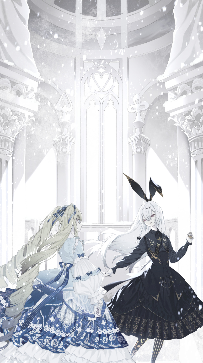 2girls absurdres asymmetrical_legwear black_dress black_legwear black_ribbon blonde_hair blue_bow blue_dress blue_eyes blue_ribbon bow braid card column commentary_request dress drill_hair floral_print frilled_dress frills hair_between_eyes hair_ornament hair_ribbon highres holding holding_card holding_hands joker_(card) kotarou_(kot_mochi) long_hair long_sleeves looking_at_another mismatched_legwear multiple_girls open_mouth original pale_skin pillar playing_card profile red_eyes ribbon silver_hair single_braid snow snowing striped striped_legwear twin_drills very_long_hair wide_sleeves