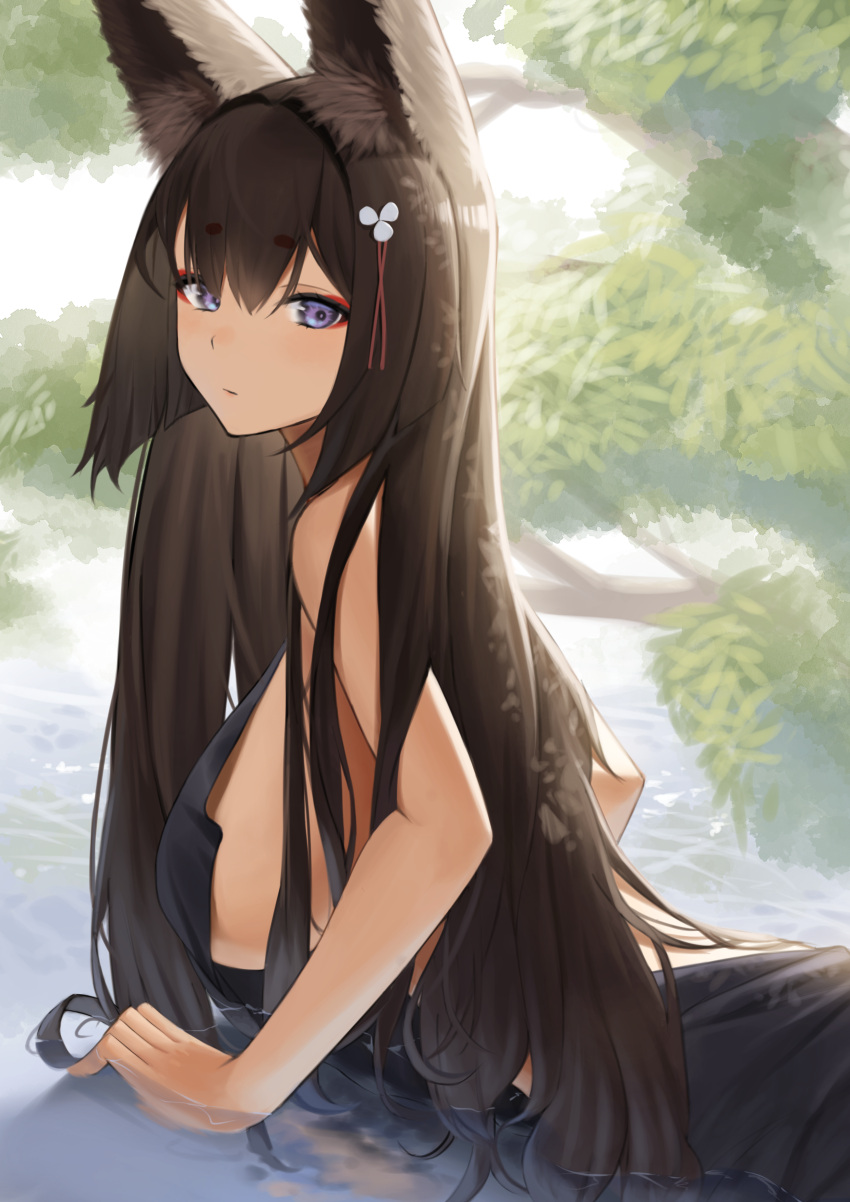 1girl absurdres amagi_(azur_lane) animal_ear_fluff animal_ears arm_support azur_lane backless_outfit bangs bare_arms bare_shoulders black_dress black_hair blush breasts closed_mouth day dress eyeshadow fox_ears from_side hair_ornament highres large_breasts long_hair looking_at_viewer looking_to_the_side lordol lying makeup on_stomach outdoors shallow_water sideboob solo very_long_hair violet_eyes water