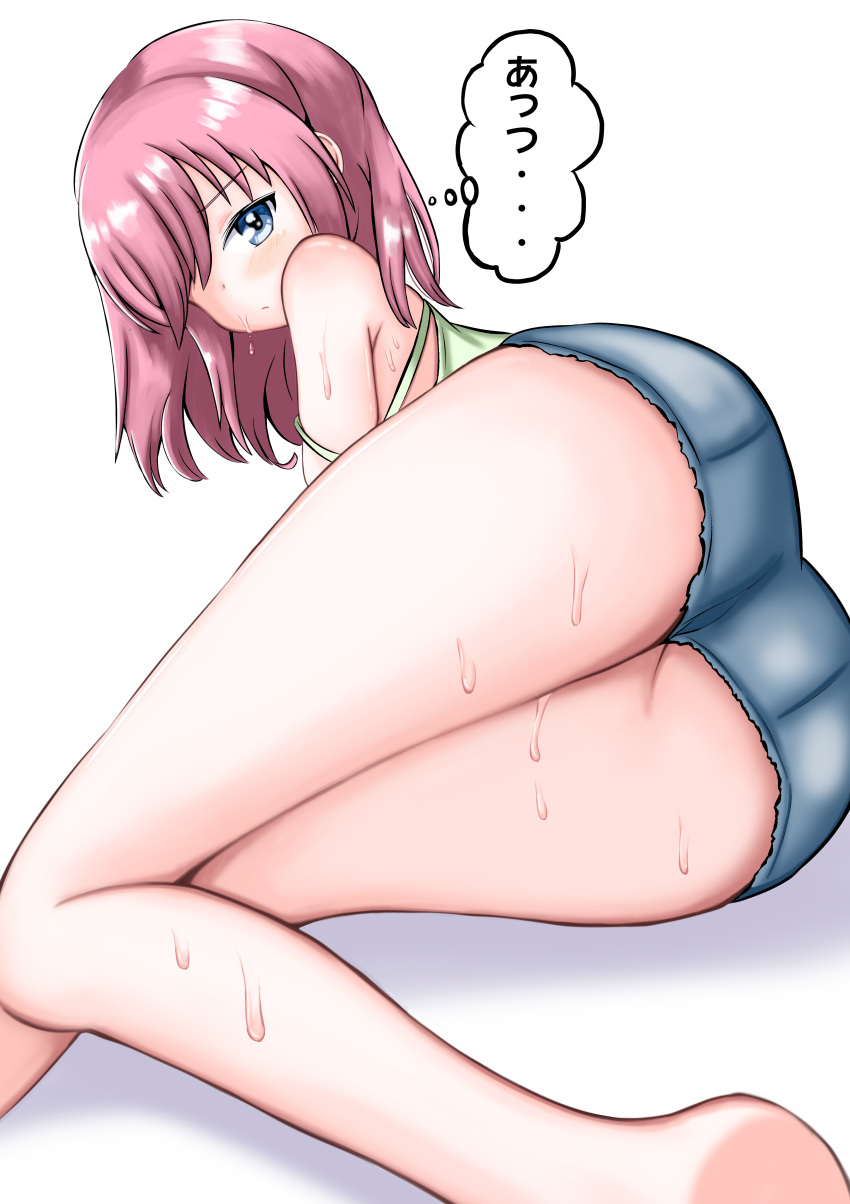 1girl absurdres ass barefoot blue_eyes blush denim denim_shorts dripping etitie_wokaku_151 highres hot looking_at_viewer looking_back lying on_side original pink_hair short_shorts shorts shoulder_strap strap_slip summer sweat thighs thought_bubble translated white_background