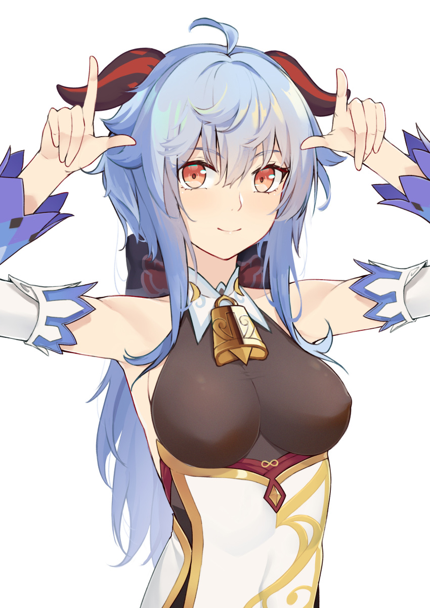 1girl absurdres ahoge armpits bangs bell black_bodysuit blue_hair bodysuit breasts commentary_request detached_sleeves eyebrows_visible_through_hair ganyu_(genshin_impact) genshin_impact hair_between_eyes highres horns horns_pose large_breasts long_hair looking_at_viewer neck_bell no_gloves red_eyes sidelocks skying smile solo white_background wide_sleeves