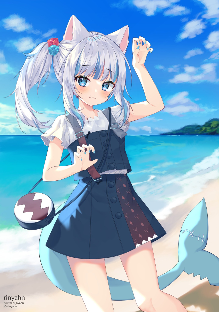 1girl :3 animal_ears bag bangs beach blouse blue_eyes blue_skirt blue_sky blue_vest cat_ears clouds cube eyebrows_visible_through_hair fish_tail gawr_gura hair_cubes hair_ornament highres hololive hololive_english instagram_username looking_at_viewer ocean ri_nyahn shark_girl shark_tail side_ponytail sidelocks skirt sky solo stitches tail twitter_username vest white_blouse white_hair