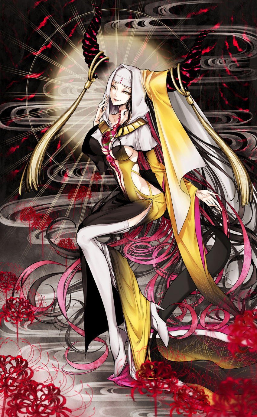 1girl absurdly_long_hair black_hair breasts chest_tattoo clothing_cutout commentary dress fate/grand_order fate_(series) flower full_body habit halo hand_up high_heels highres horn_ornament horn_ring horns jewelry large_breasts long_hair long_sleeves looking_at_viewer multicolored_hair necklace no_mae_(mikakatachi) parted_lips pink_hair red_flower sesshouin_kiara side_slit sidelocks smirk solo stomach_cutout streaked_hair symmetry tassel tattoo thigh-highs veil very_long_hair white_footwear white_legwear wide_sleeves yellow_dress yellow_eyes