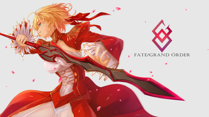 1girl aestus_estus ahoge amekudaki blonde_hair braid breasts cleavage commentary_request copyright_name dress epaulettes fate/extra fate/grand_order fate_(series) floating_hair french_braid from_side glowing glowing_eye green_eyes hair_intakes hair_ribbon highres holding holding_sword holding_weapon juliet_sleeves large_breasts light_trail long_sleeves nero_claudius_(fate) nero_claudius_(fate)_(all) nero_claudius_(fate/extra) parted_lips petals puffy_sleeves red_dress red_ribbon ribbon saber_extra see-through short_hair smirk solo spread_fingers sword weapon wide_sleeves