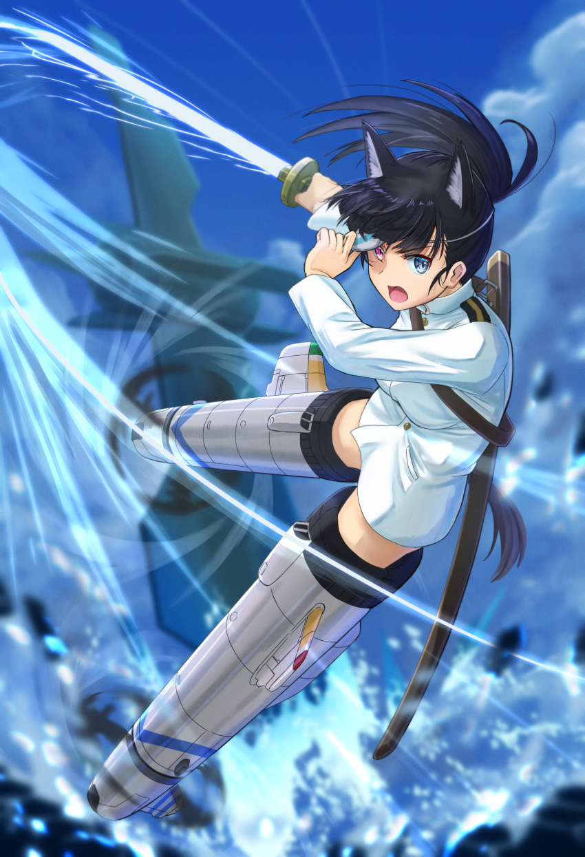 1girl absurdres aircraft airplane black_hair blue_sky brown_eyes bureikubureido clouds commentary_request eyepatch highres holding_eyepatch huge_filesize jacket katana long_hair military military_uniform open_mouth ponytail sakamoto_mio sky solo strike_witches striker_unit sword uniform weapon white_eyepatch white_jacket world_witches_series