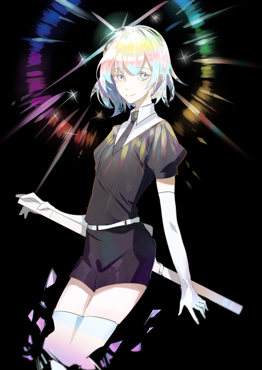 1other absurdres androgynous belt black_background black_hair black_neckwear commentary diamond_(houseki_no_kuni) elbow_gloves english_commentary engrish_commentary gem_uniform_(houseki_no_kuni) gloves highres houseki_no_kuni looking_at_viewer multicolored multicolored_hair necktie rainbow_hair sheath sheathed shirt short_hair short_sleeves shorts simple_background smile solo sparkle sumery thigh-highs white_gloves white_legwear